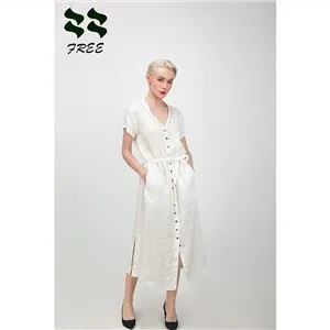 Casual katoenen linnen lange witte jurk met parels